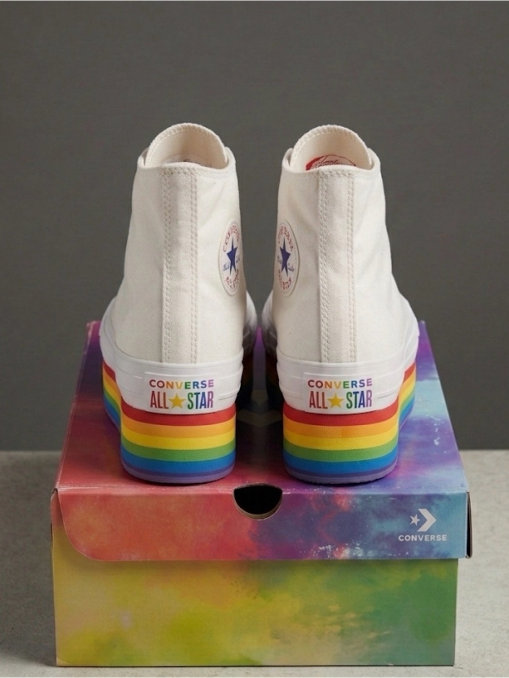 Converse Kids White High Top Sneakers with Rainbow Platform Sole